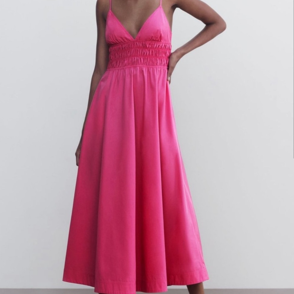 Zara Voluminous Midi Dress Pink Poplin Spaghetti Strap Smocked Waist